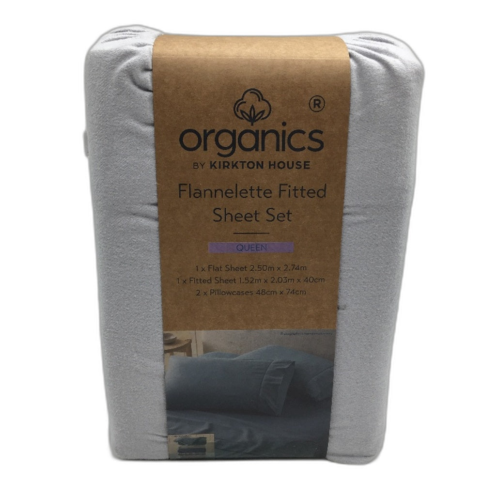 Organics by Kirkton House Flannelette Fitted Light Grey Sheet Set QUEEN NEW