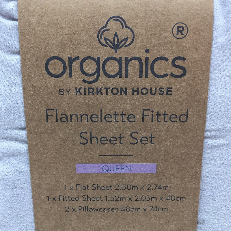 Organics by Kirkton House Flannelette Fitted Light Grey Sheet Set QUEEN NEW