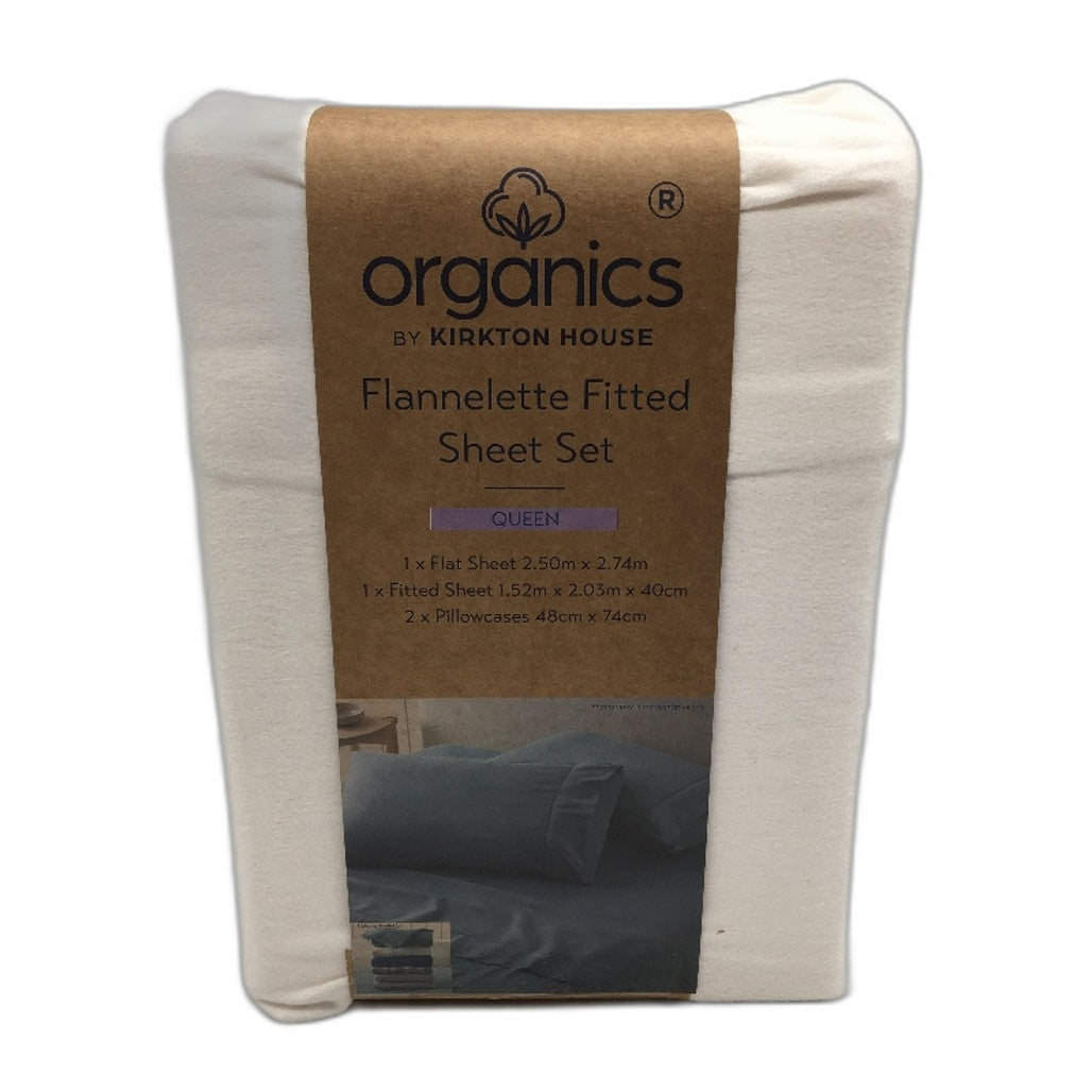 Organics by Kirkton House Cotton Flannelette White Fitted Sheet Set QUEEN NEW