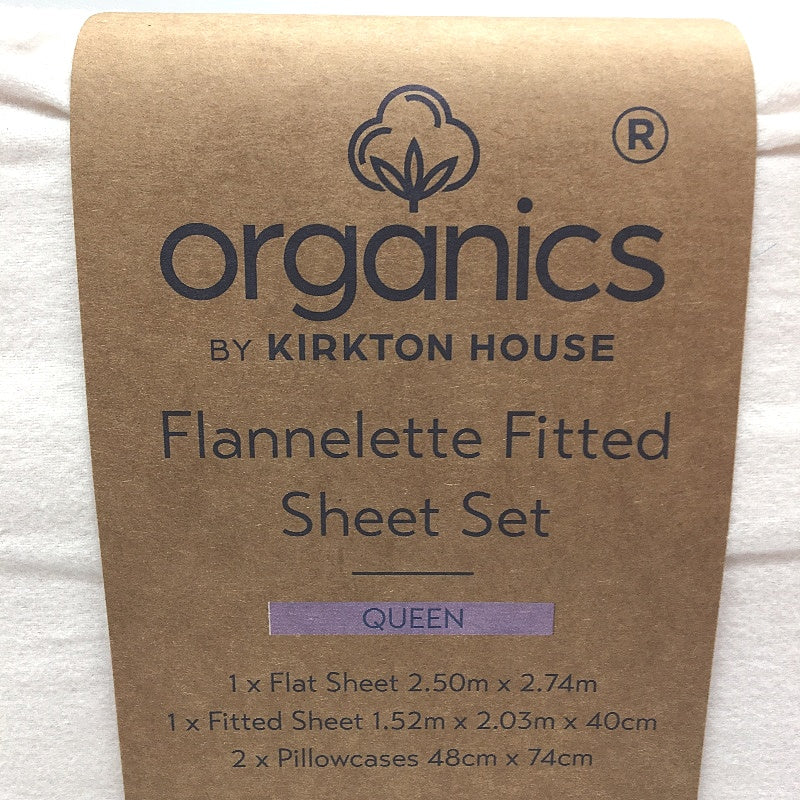 Organics by Kirkton House Cotton Flannelette White Fitted Sheet Set QUEEN NEW