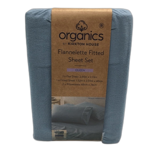 Organics by Kirkton House Flannelette Citidel Blue Fitted Sheet Set QUEEN NEW