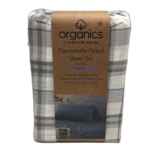 Organics by Kirkton House Flannelette Grey Check Fitted Sheet Set QUEEN NEW