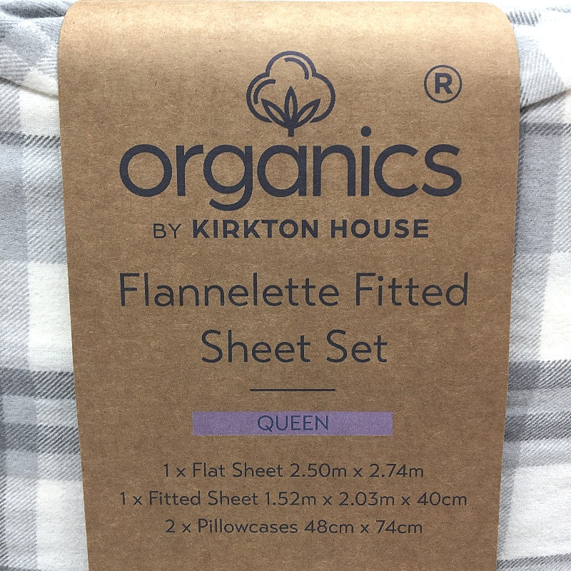 Organics by Kirkton House Flannelette Grey Check Fitted Sheet Set QUEEN NEW