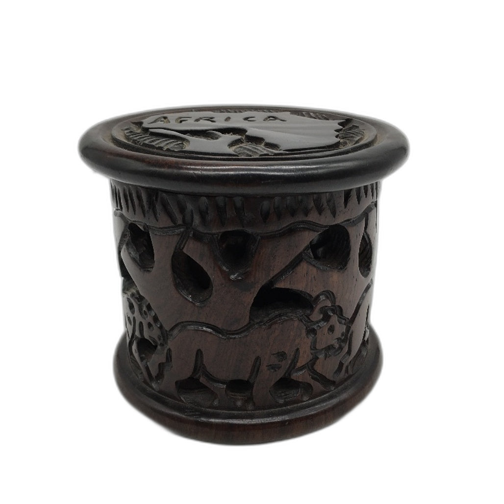 African Handcrafted Ebont Timber 6 Coaster Set In Storage Conatiner & Lid