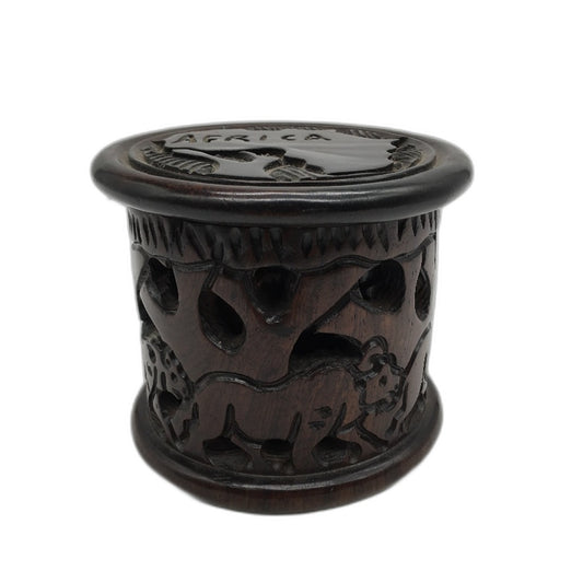 African Handcrafted Ebont Timber 6 Coaster Set In Storage Conatiner & Lid