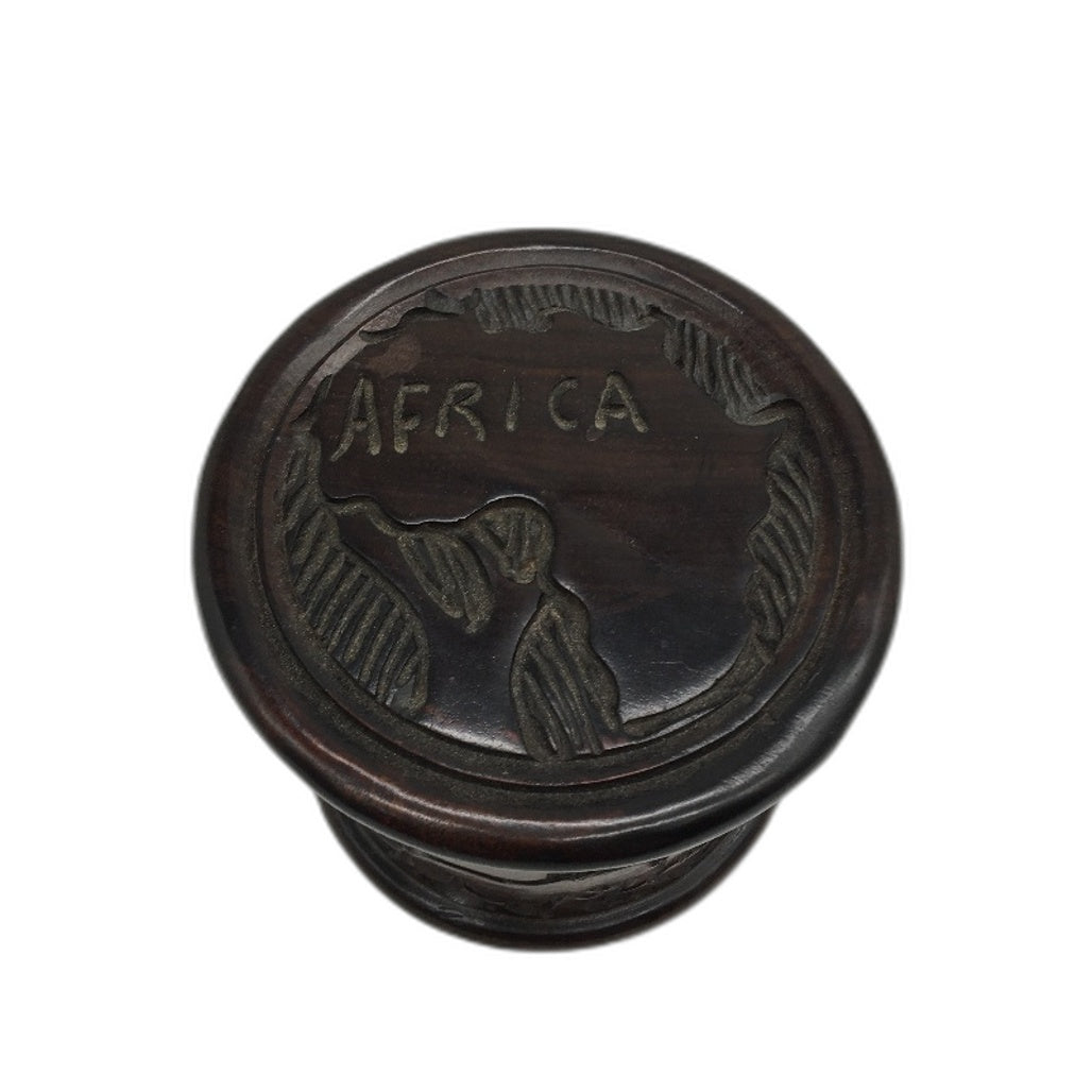 African Handcrafted Ebont Timber 6 Coaster Set In Storage Conatiner & Lid