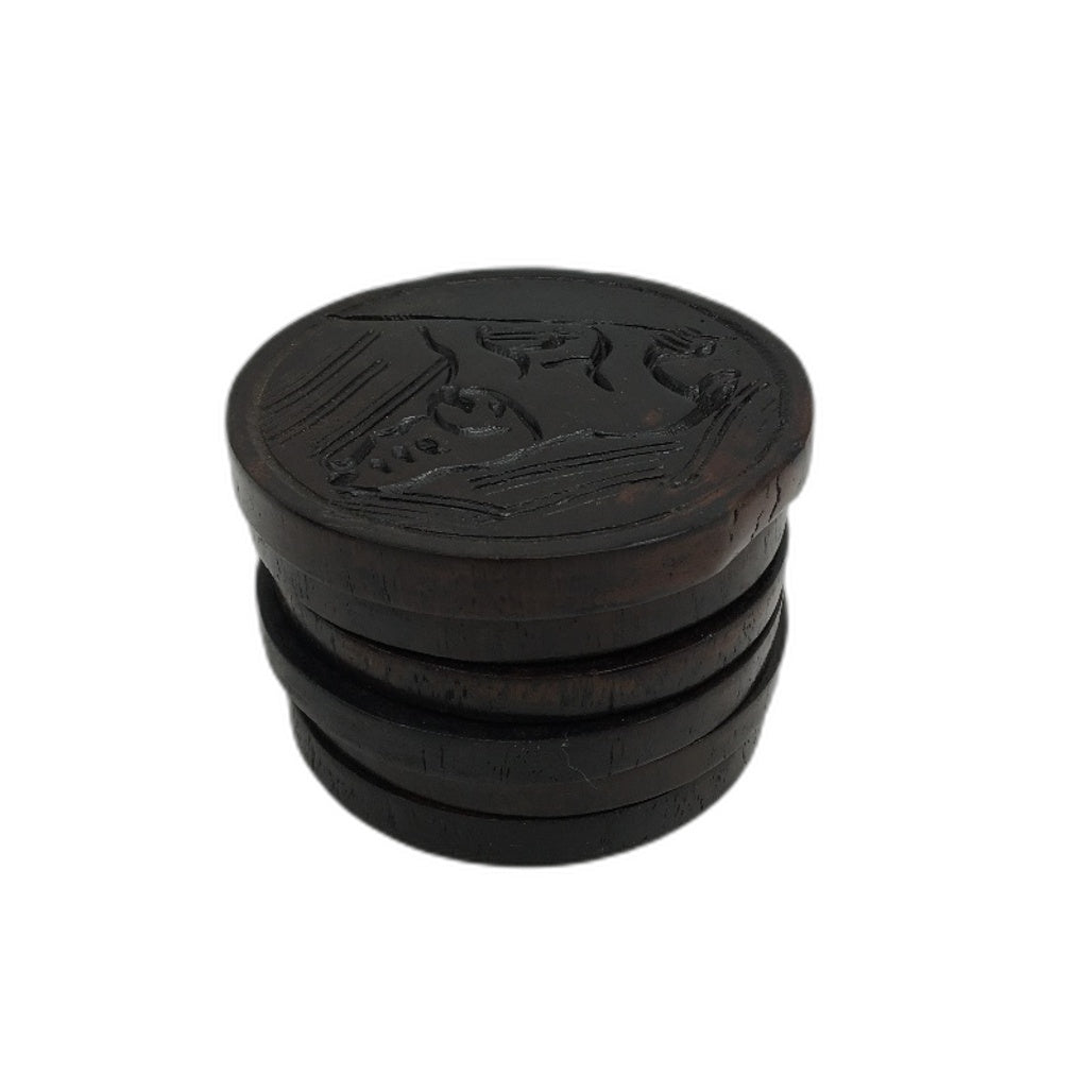African Handcrafted Ebont Timber 6 Coaster Set In Storage Conatiner & Lid