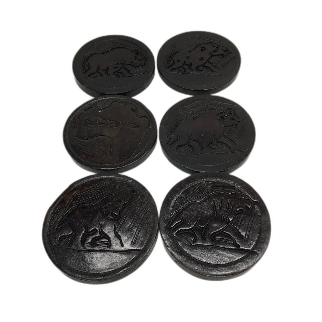 African Handcrafted Ebont Timber 6 Coaster Set In Storage Conatiner & Lid
