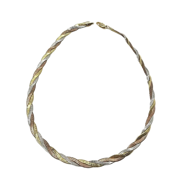 3 Tone 18ct Gold Plated Twisted Flat Herringbone Style Necklace Chain 41cm
