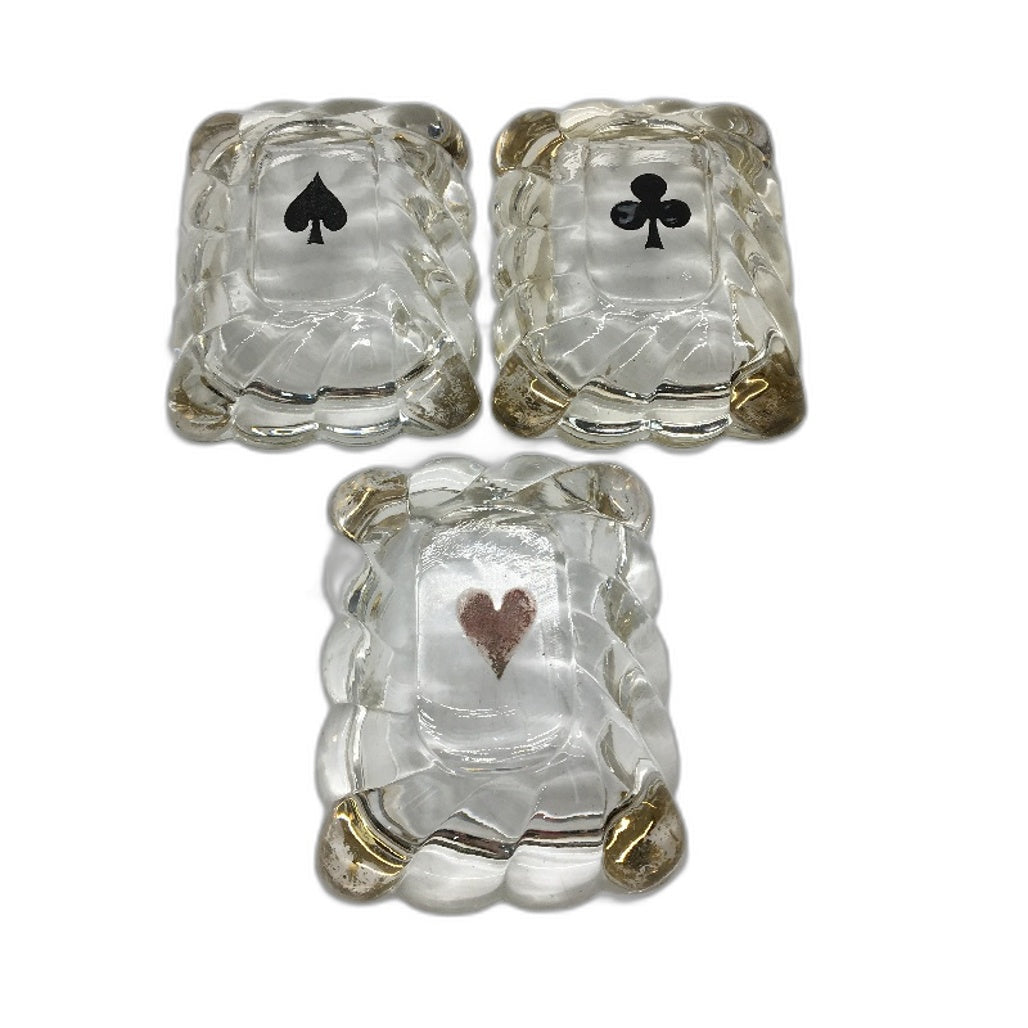 VINTAGE 3 Piece Card Deck Style Heart Club Spade Glass Ashtray Trinket Dishes
