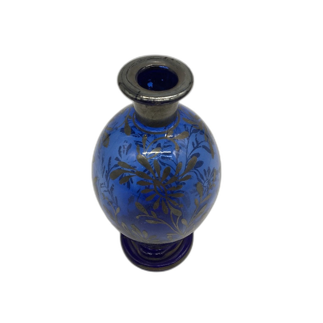 VINTAGE Venetian Murano Style Cobaklt Blue Silver Floral Overlay Decanter