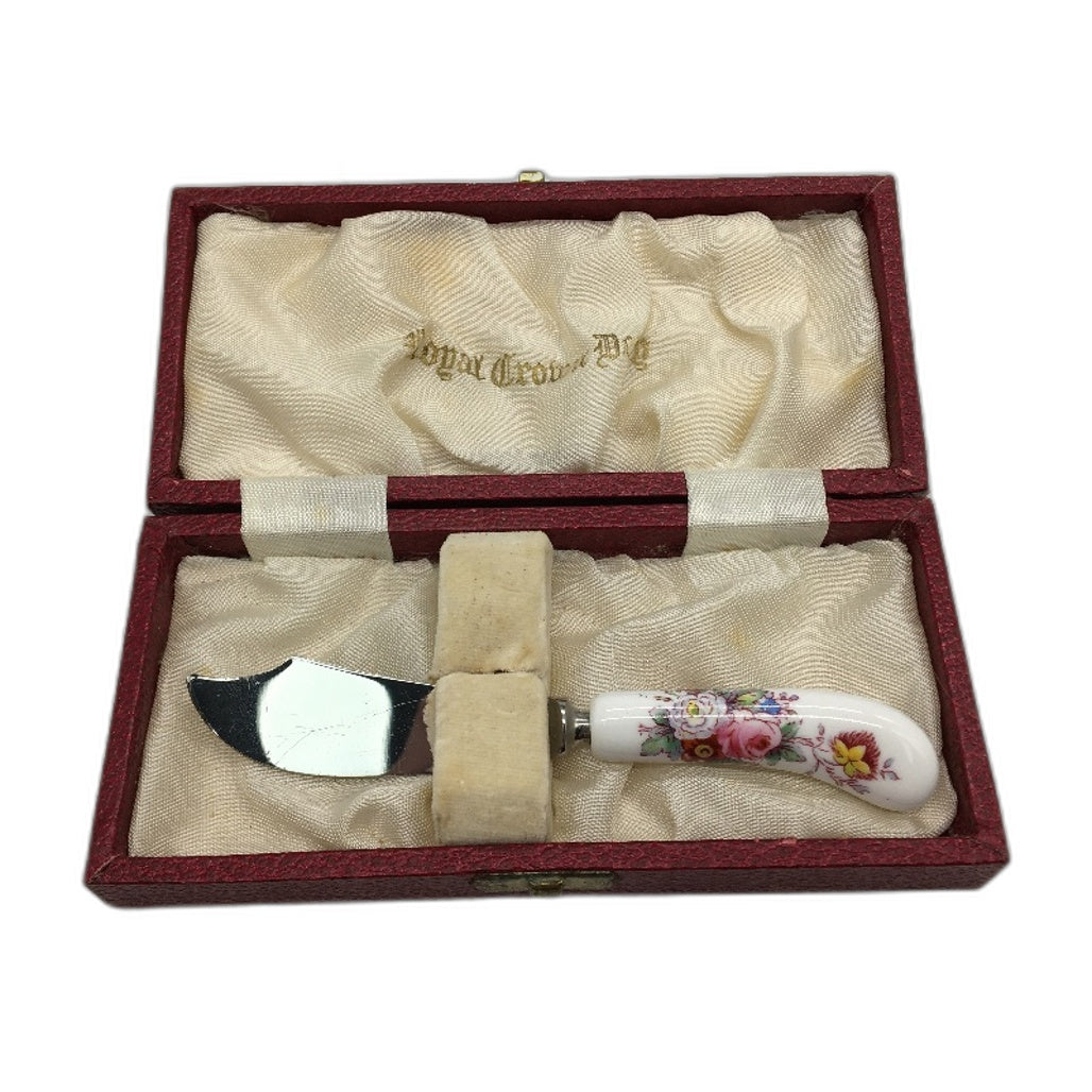 VINTAGE Royal Crown Derby England Floral Handled Small Cheese Knife In Red Case