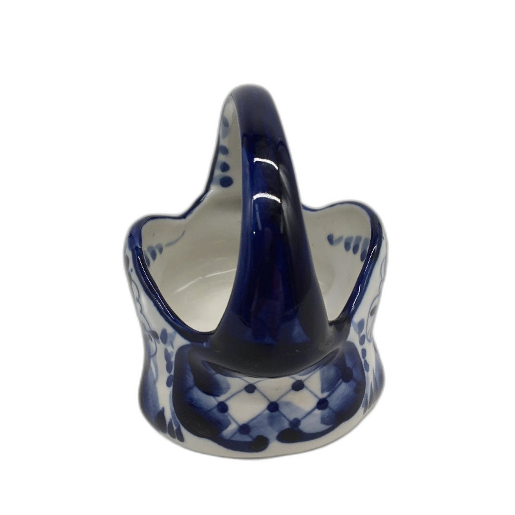 VINTAGE Handpainted Russian Gzhel Blue Floral Style Porcelain Trinket Basket