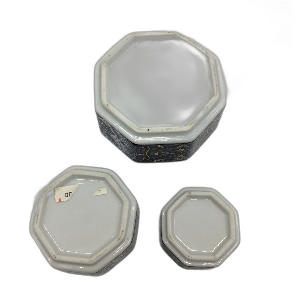 ORNATE Shibata Japan Inspired Blue & Gold Octagonal Porcelain Trinket Boxes