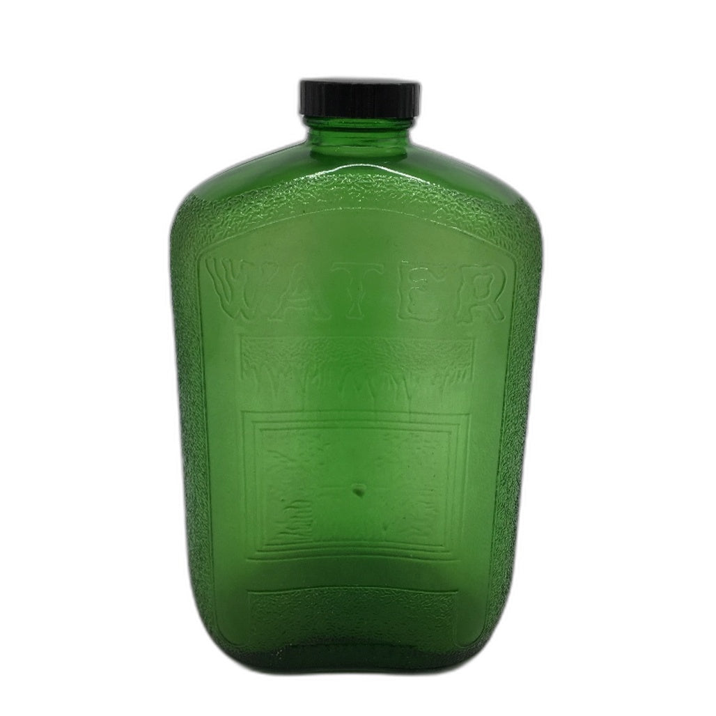 COLLECTABLE Antique Green Pressed Glass Water Bottle Black Plastic Lid 2QTS