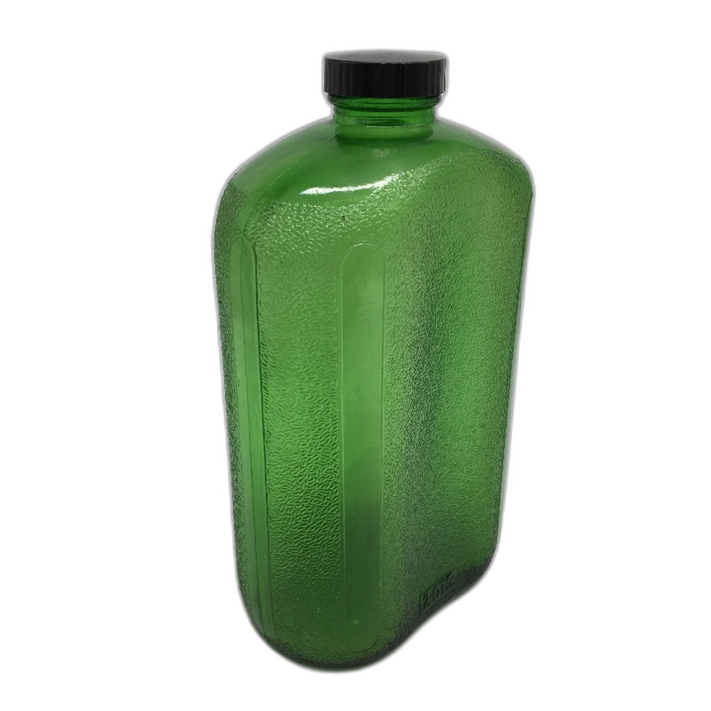 COLLECTABLE Antique Green Pressed Glass Water Bottle Black Plastic Lid 2QTS
