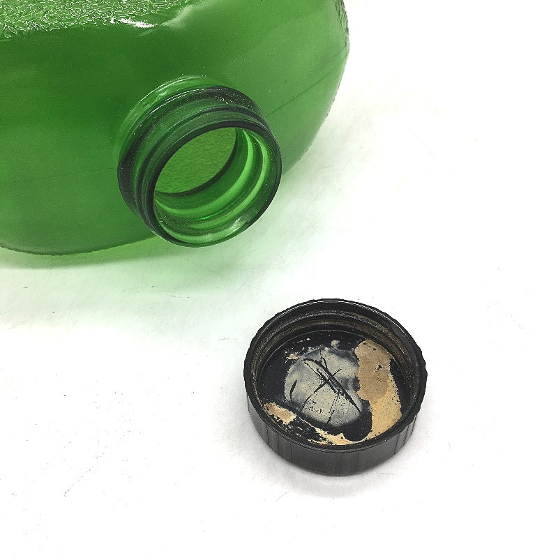 COLLECTABLE Antique Green Pressed Glass Water Bottle Black Plastic Lid 2QTS