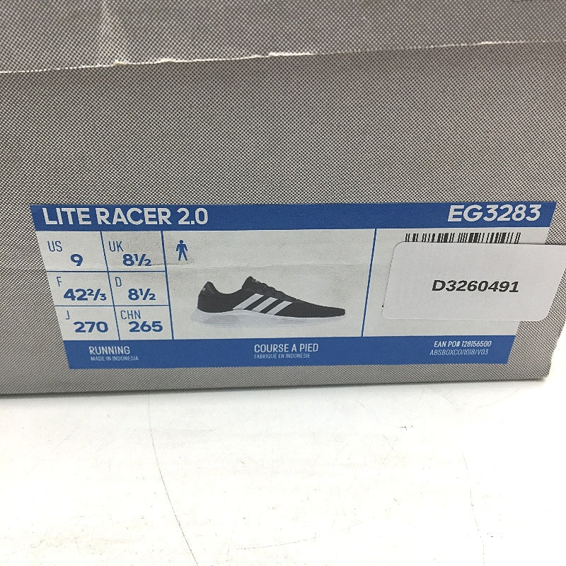 Adidas Black White Lite Racer 2.0 EG3283 Running Sneakers Mens Size US 9 NEW