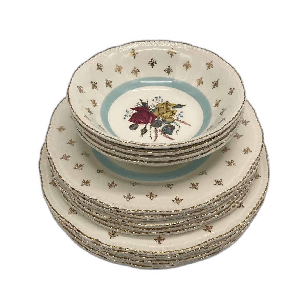 Wood & Sons England Alpine White Ironestone Blue & Gold Floral 16Pce Plate Set