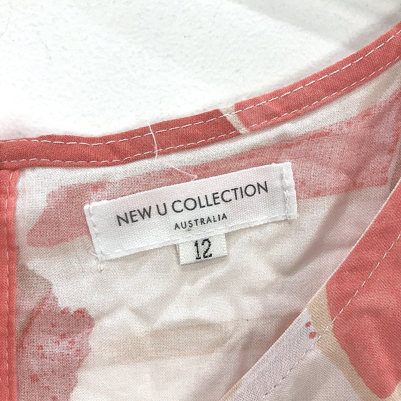 New U Collection Pink Paint Stroke Pattern Smock Dress Ladies Size AU 12