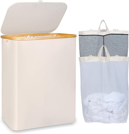 iEGrow 150L Laundry Hamper with Bamboo Handle & Removable Bag - Beige NEW