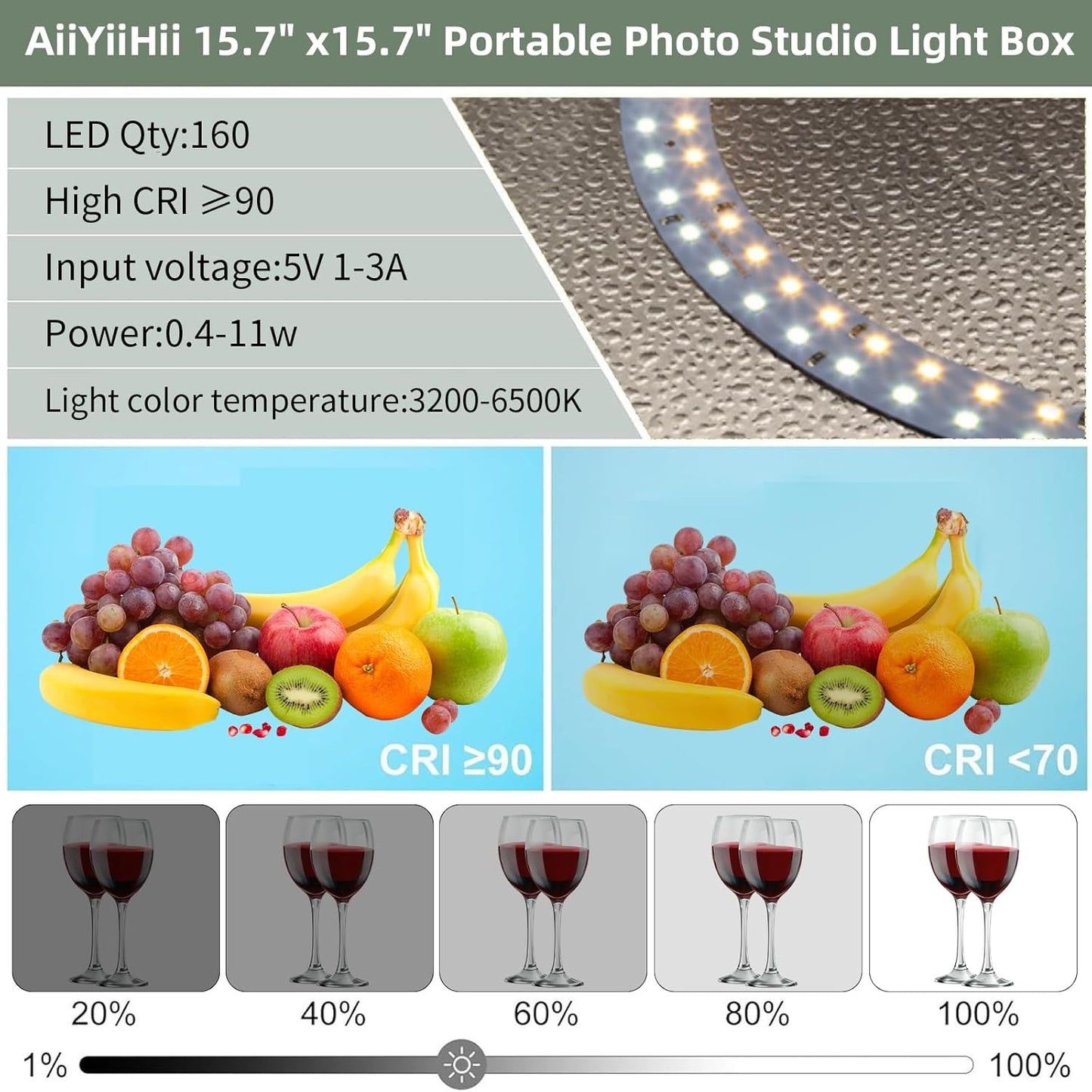 AiiYiiHii PU5027B Black Portable Photo Studio Light Box with Dimmable LEDs NEW