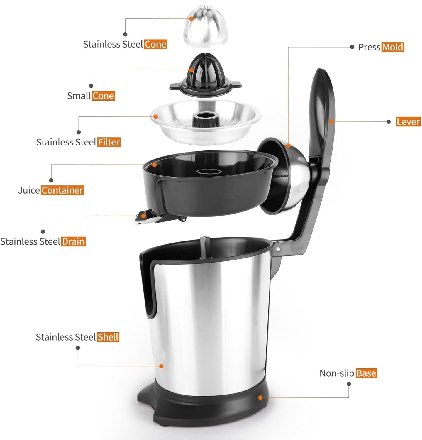 Sakony VB-Hand Junicer Electric Citrus Juicer 350W Stainless Steel NEW