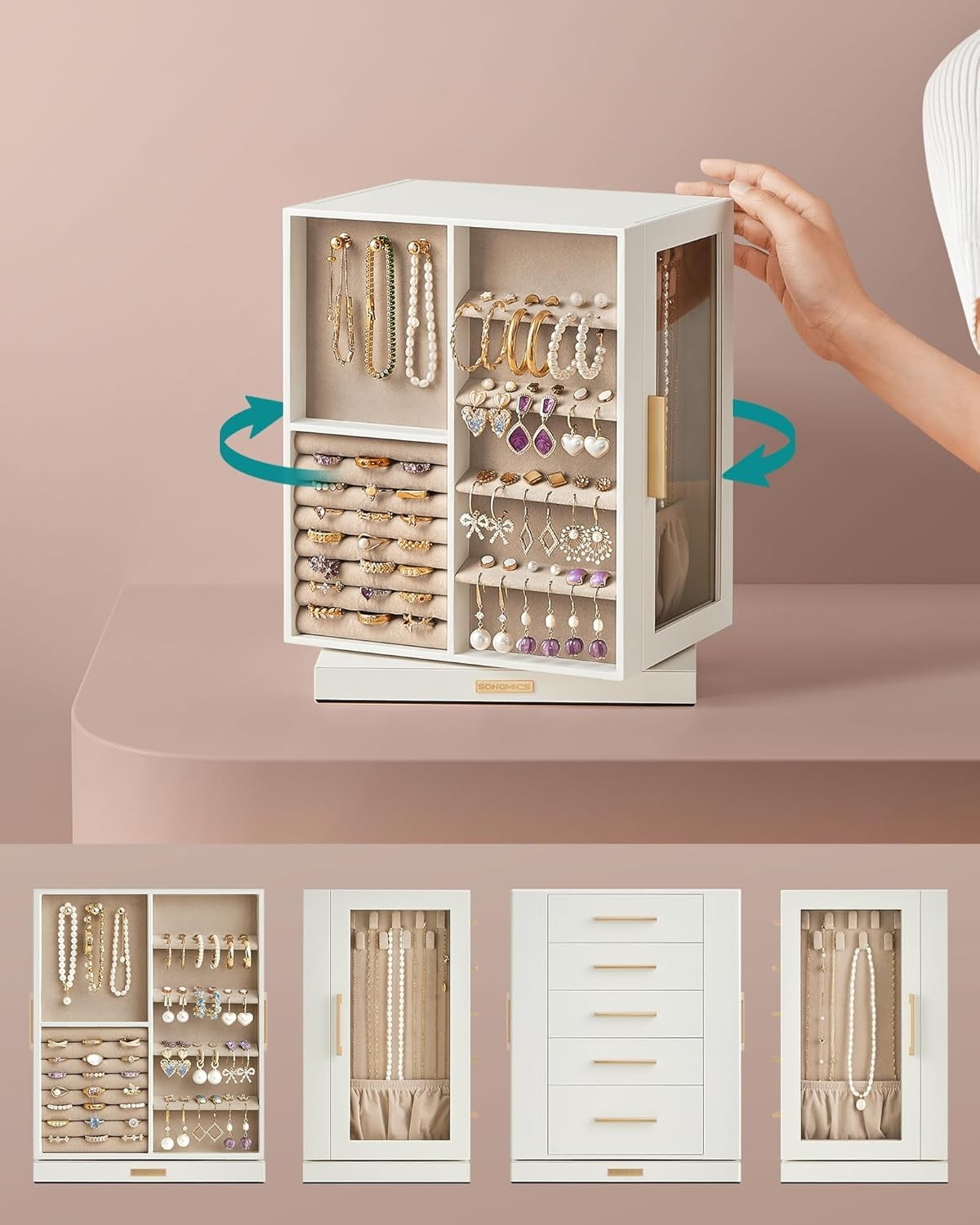 SONGMICS JBC170W01 Rotating Jewelry Box with Glass Windows & 5 Drawers NEW