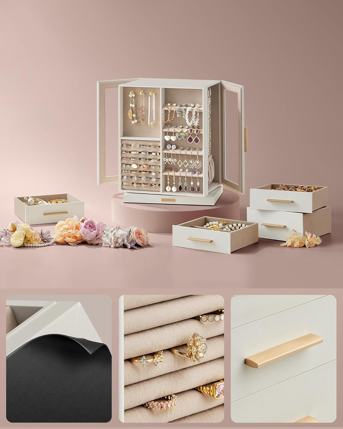 SONGMICS JBC170W01 Rotating Jewelry Box with Glass Windows & 5 Drawers NEW