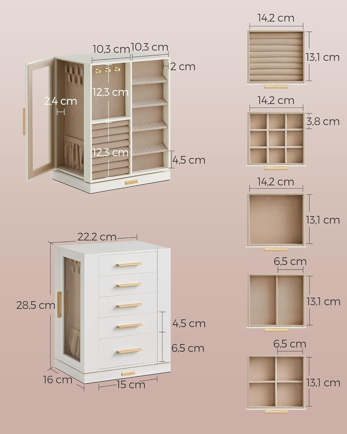 SONGMICS JBC170W01 Rotating Jewelry Box with Glass Windows & 5 Drawers NEW