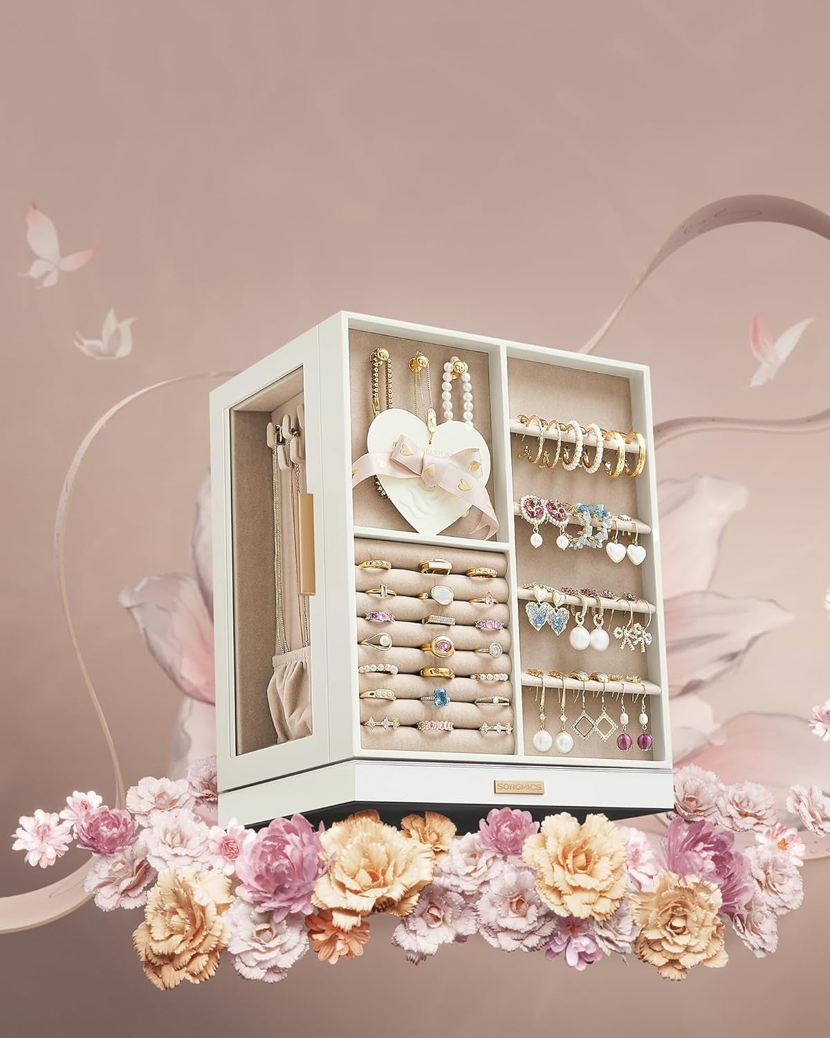 SONGMICS JBC170W01 Rotating Jewelry Box with Glass Windows & 5 Drawers NEW