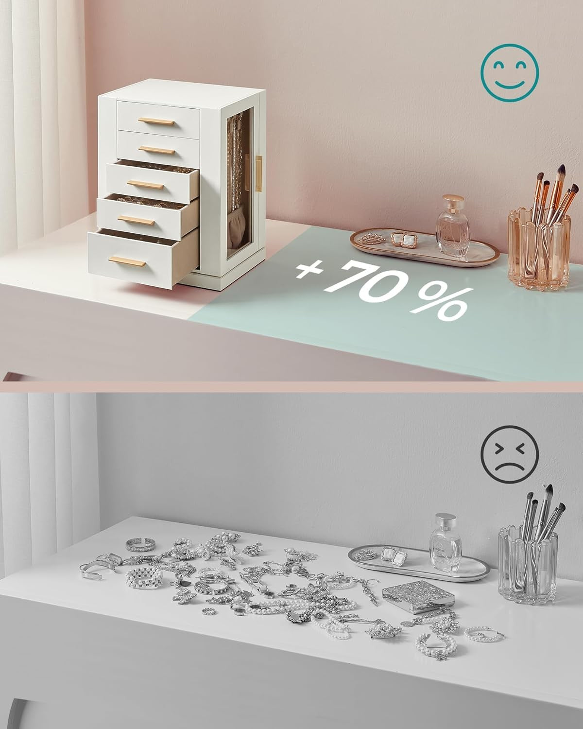 SONGMICS JBC170W01 Rotating Jewelry Box with Glass Windows & 5 Drawers NEW