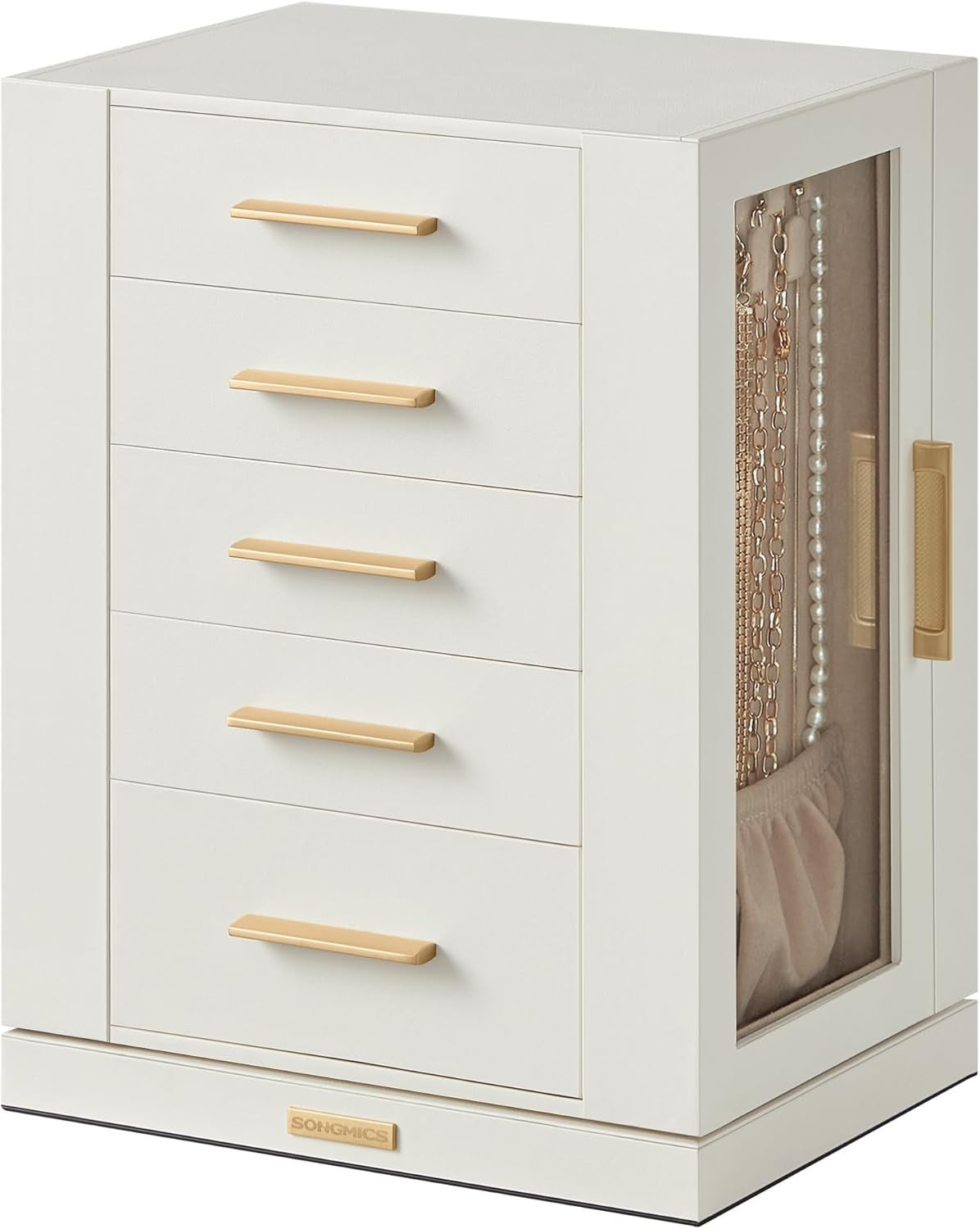 SONGMICS JBC170W01 Rotating Jewelry Box with Glass Windows & 5 Drawers NEW