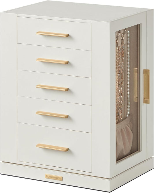 SONGMICS JBC170W01 Rotating Jewelry Box with Glass Windows & 5 Drawers NEW