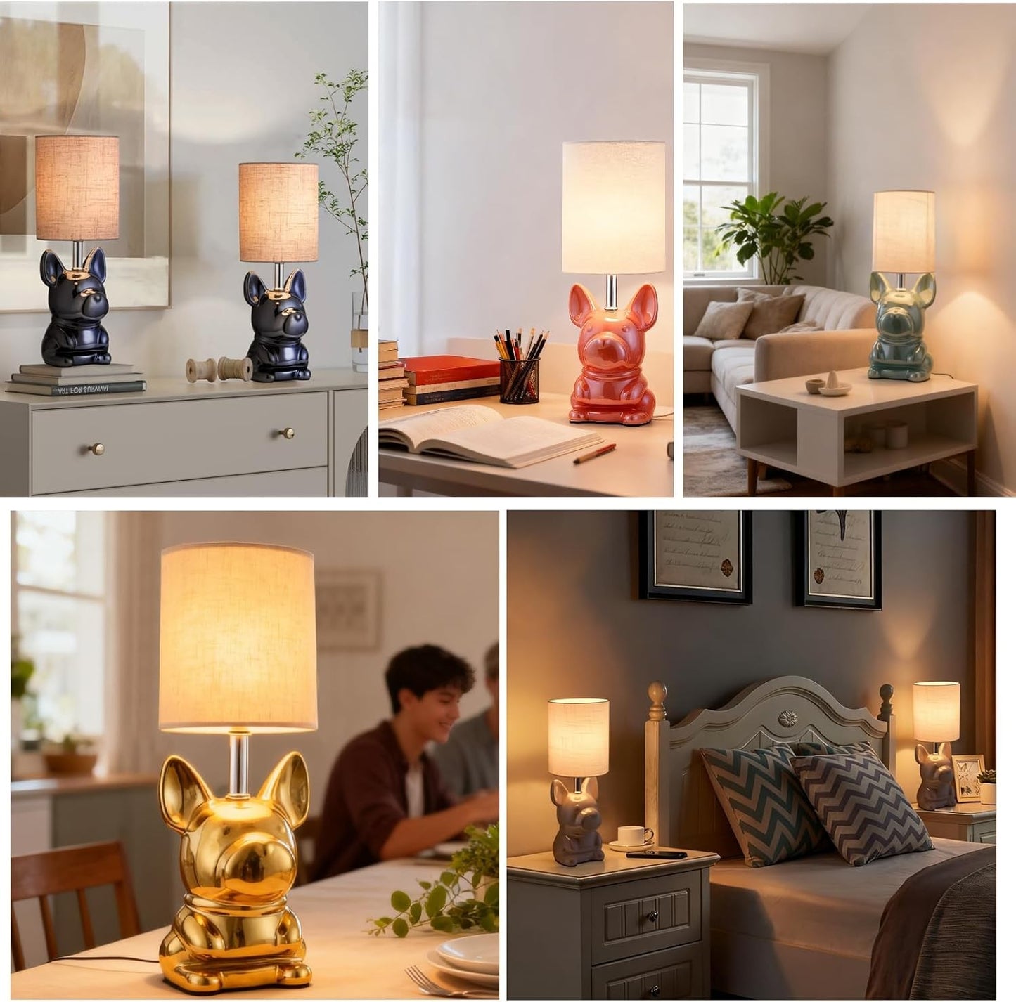 EOEYYOYB Set Of 2 Gold Ceramic Puppy Table Lamp Set with LED Bulb, Gold... NEW