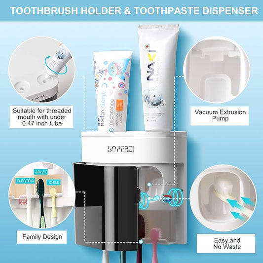 Boperzi Double Toothpaste Dispenser With Toothbrush Holder Wall Mounted NEW