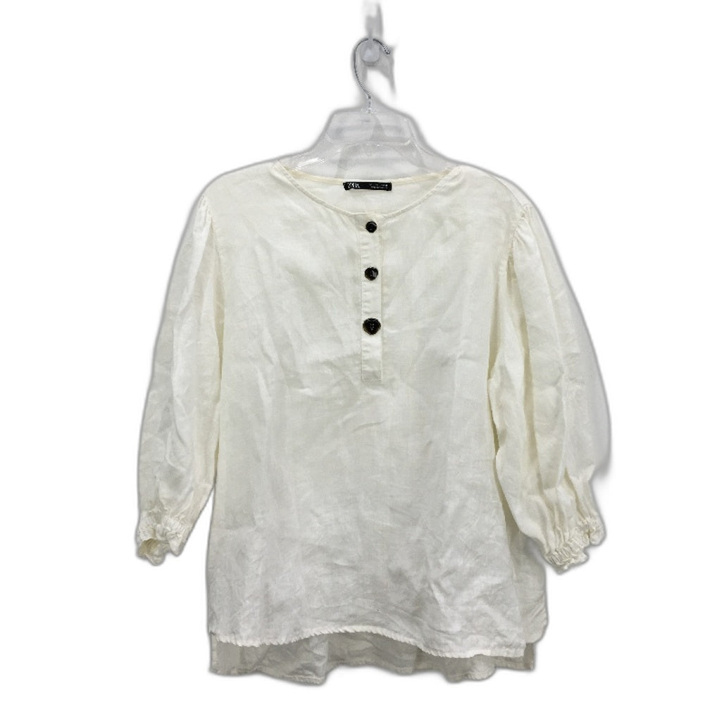 Zara Linen Flowy Mid Sleeve Linen White Blouse Top Ladies Size Large
