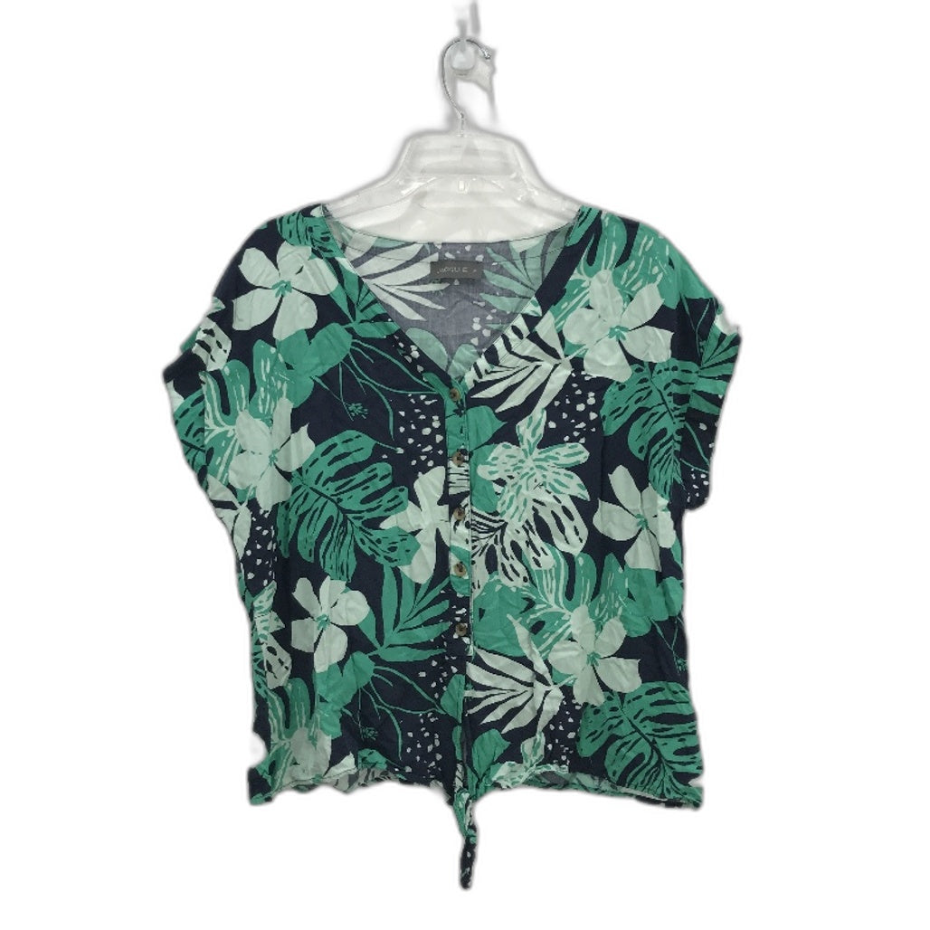 Jacqui E Shortsleeve Green Navy Palm Tie Front Viscose Top Ladies Size 14