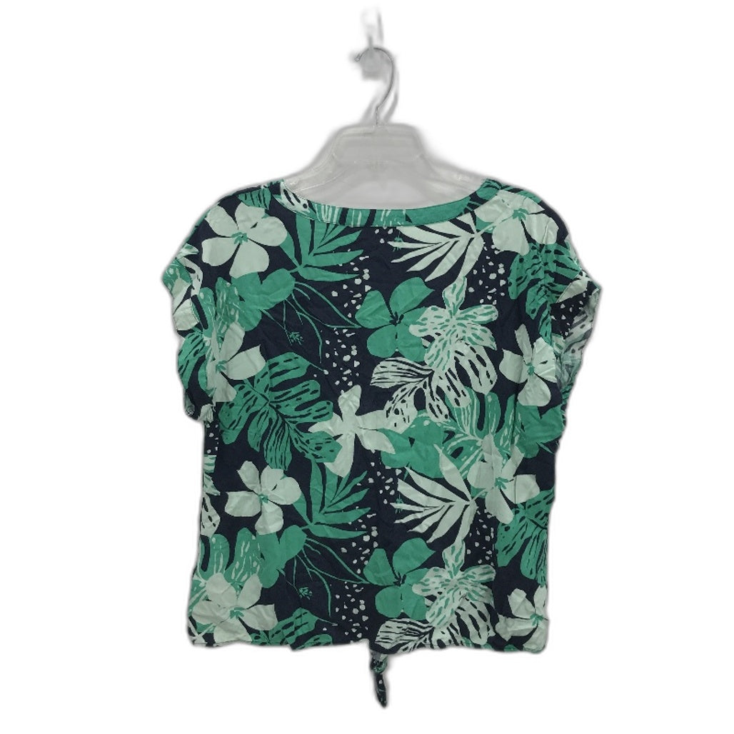 Jacqui E Shortsleeve Green Navy Palm Tie Front Viscose Top Ladies Size 14