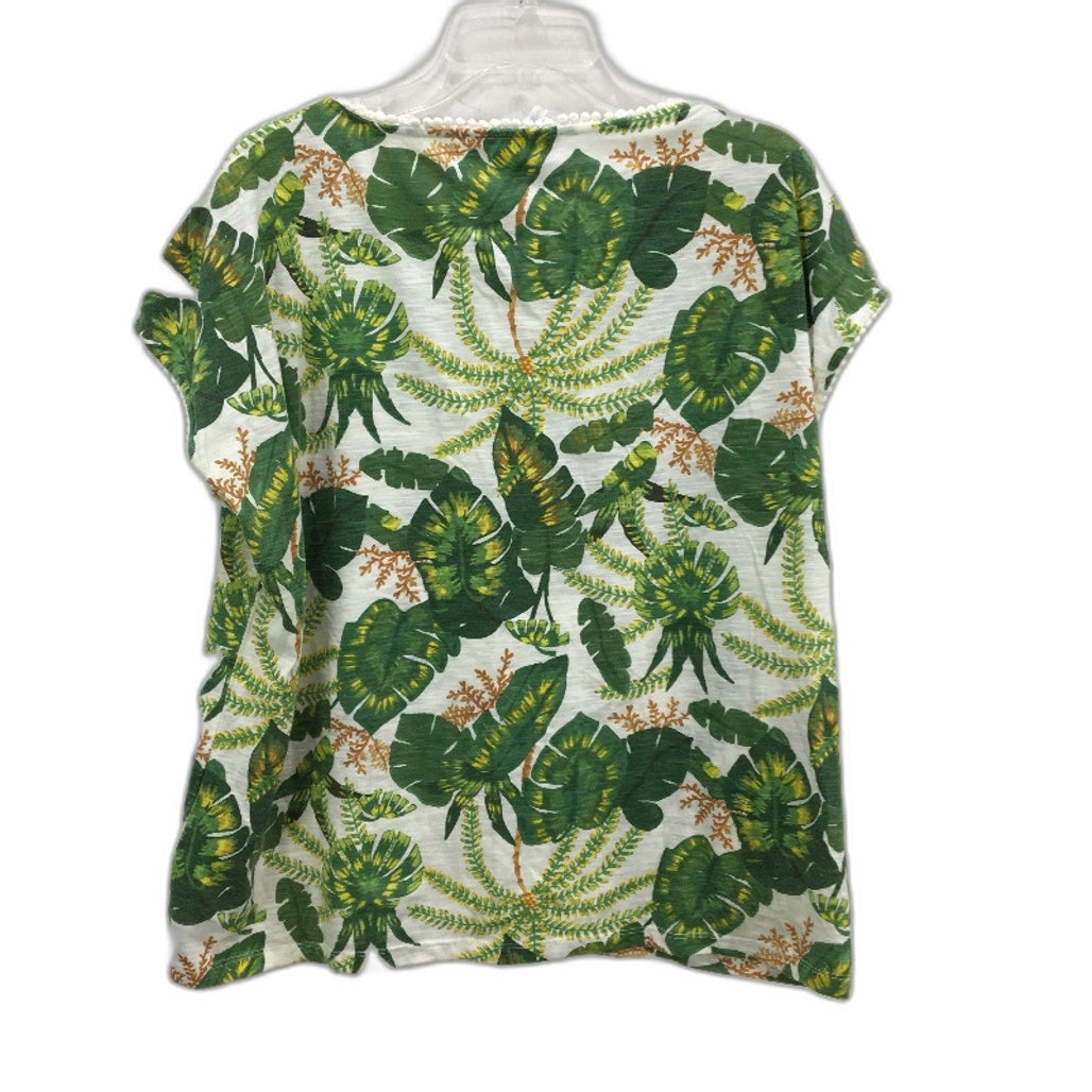 Suzanne Grae Boat Neck Tropical Leaf Green White Print Tee Ladies Size 2XL