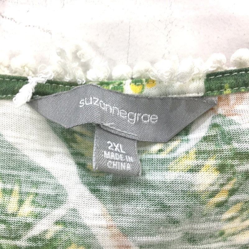 Suzanne Grae Boat Neck Tropical Leaf Green White Print Tee Ladies Size 2XL