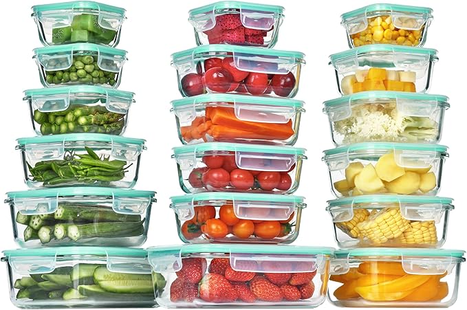 Vtopmart 18 Piece Airtight Clear Glass Food Containers with Teal Lined Lids NEW