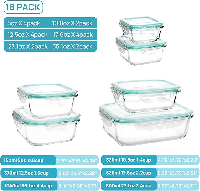 Vtopmart 18 Piece Airtight Clear Glass Food Containers with Teal Lined Lids NEW