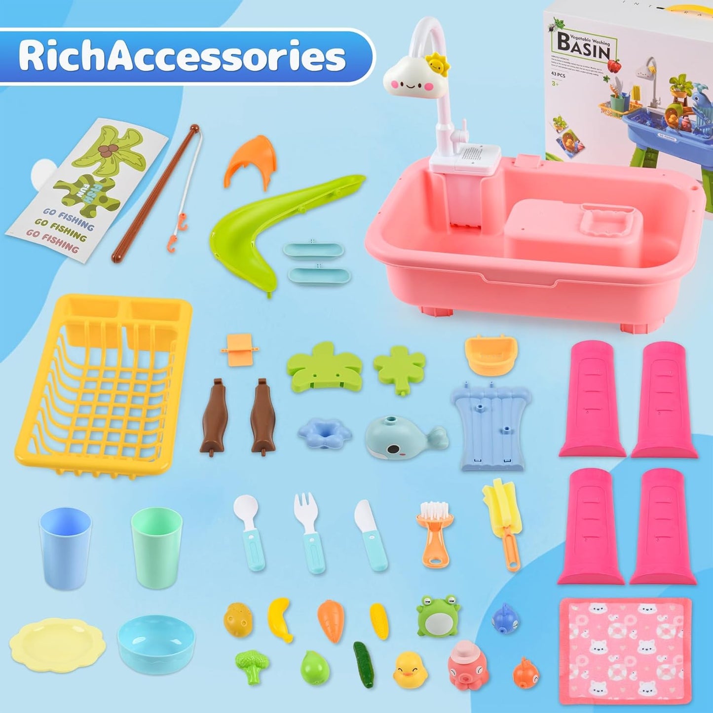 43 Piece Vegetable Washing Pink Basin Toy Water Table for Ages 3 and Up NEW