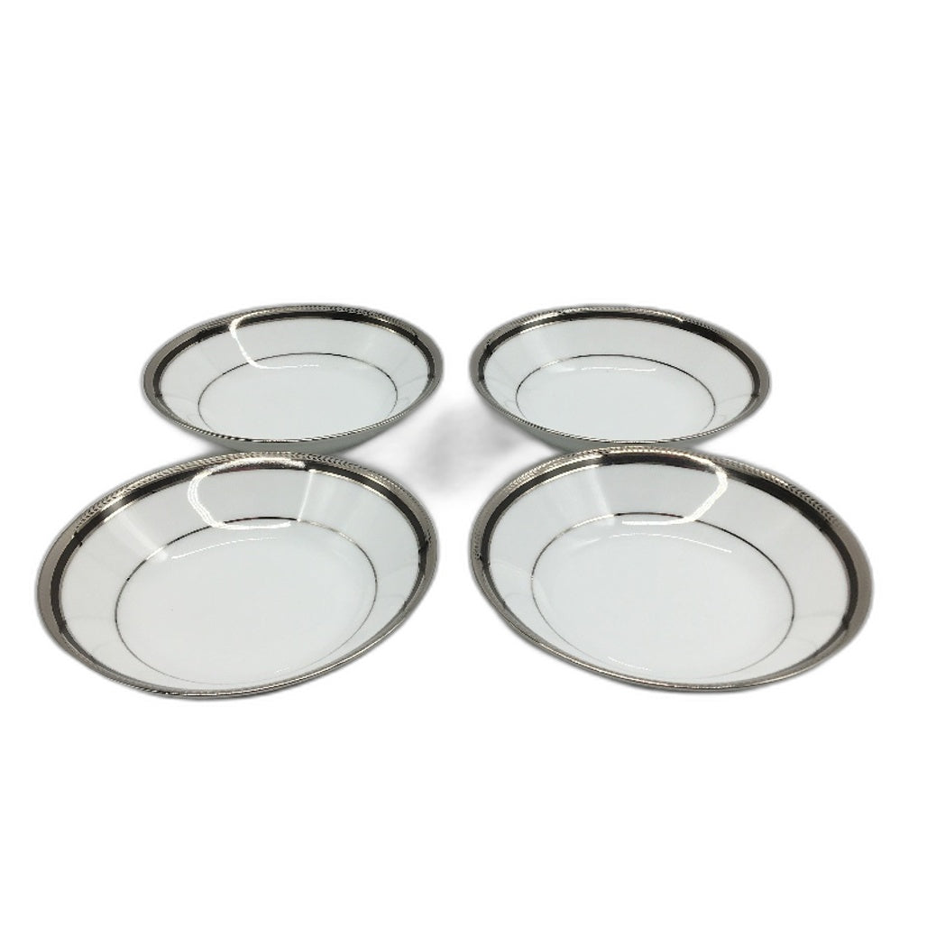 Noritake 4 x Toorak Noir Fruit Saucers White With Black & Silver Rim 14cm NEW