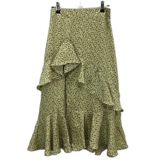 Thanne Green Animal Print Ruffled Thigh Split Zip Up Silky Skirt Ladies Size 8