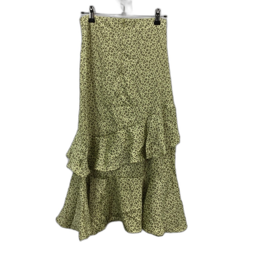 Thanne Green Animal Print Ruffled Thigh Split Zip Up Silky Skirt Ladies Size 8