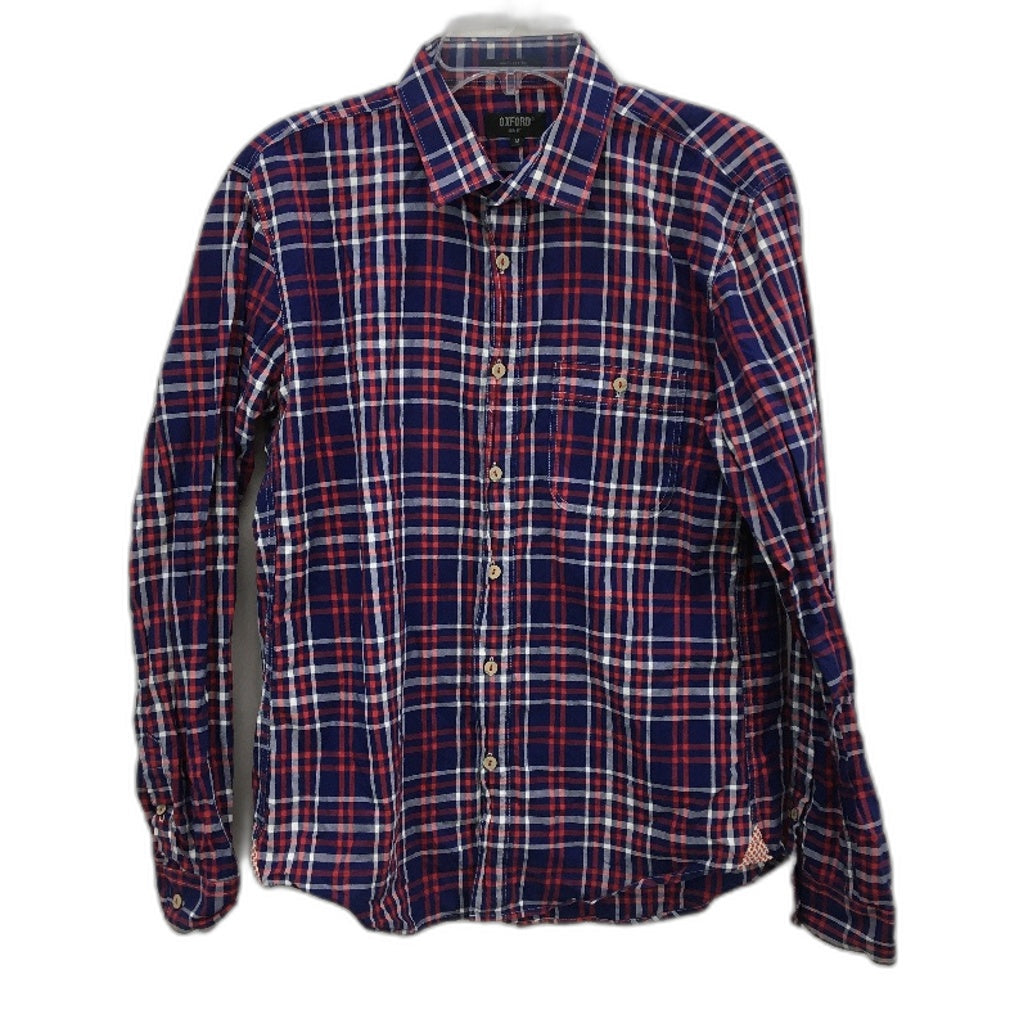 Oxford Slim Fit Navy Blue & Red Check 100% Cotton Long Sleeve Shirt Mens Size M