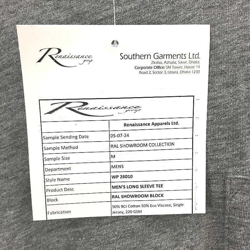 Renaissance Apparel Cotton Blend Grey Long Sleeve TShirt Mens Size M NEW