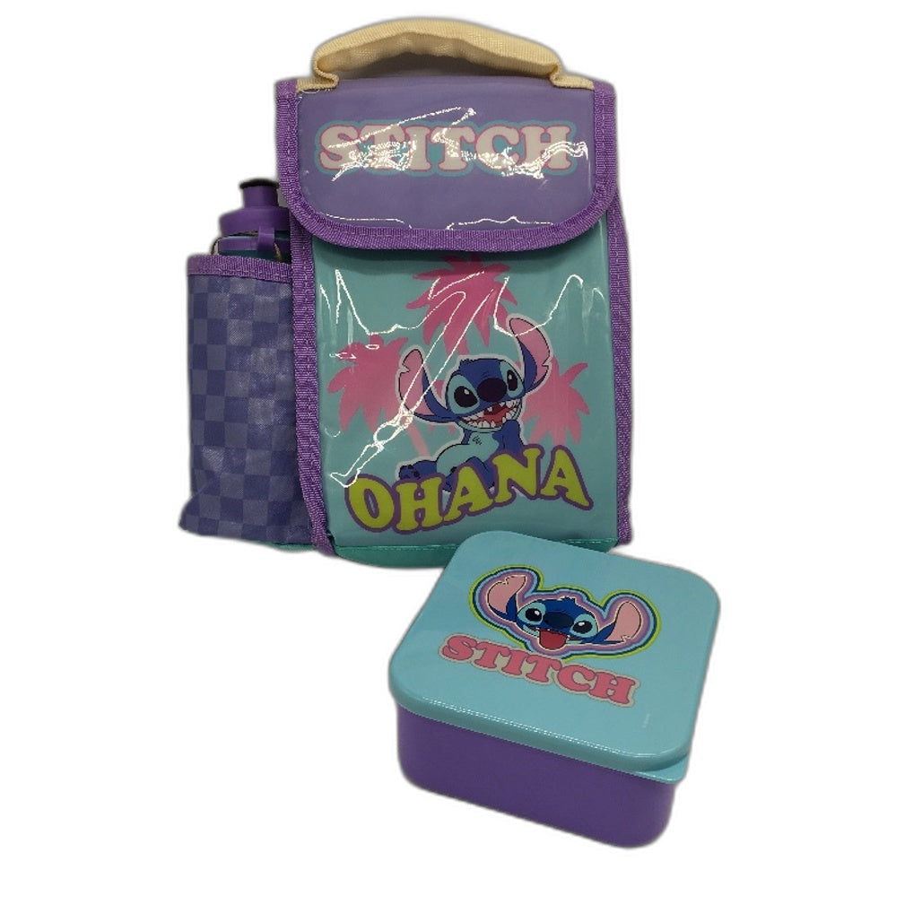 Stitch Ohana 3 PCS Lunch Set Sandwich Container Water Bottle & Lunch Bag NEW